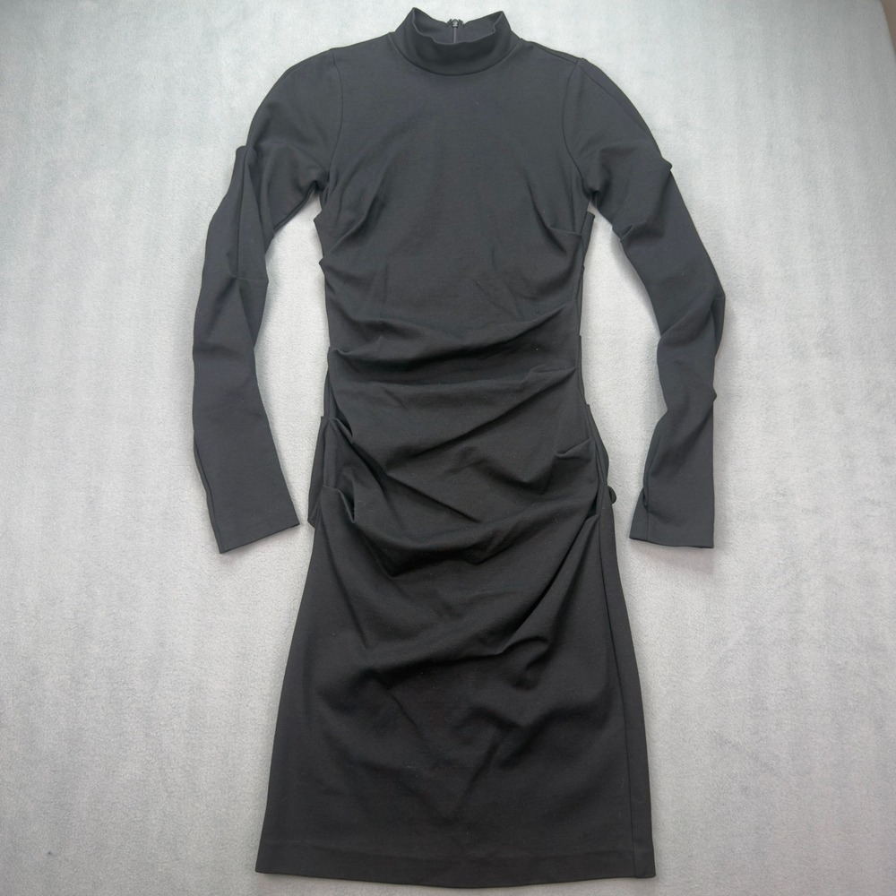Vintage Nicole Miller Collection Dress Small Black Ruched Mock Neck Y2K USA